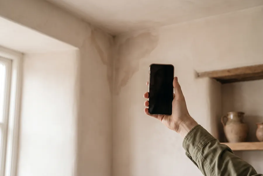 Eine Hand fotografiert einen Feuchtefleck an der Wand