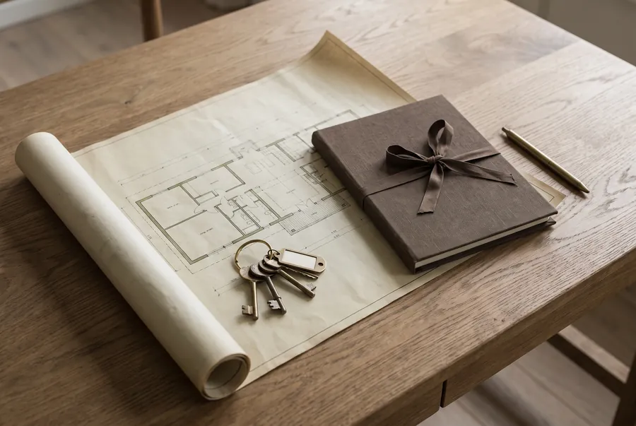 Grundriss, Mappe und Schlüssel auf einem Schreibtisch