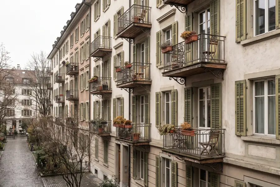 Fassade eines Mehrparteienhauses mit vielen Balkonen